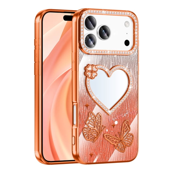 Decase Compatible with iPhone 17 Pro Case,Plating Glitter Bling Sparkle Diamond Butterfly Love Heart Mirror Water Ripple Wave Protective Cover,Luxury Butterfly Glitter Mirror Back Cover,Orange