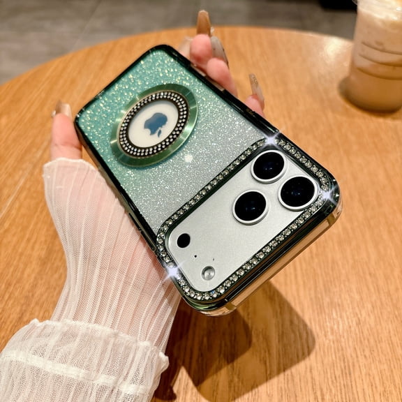 Decase Compatible with iPhone 17 Pro Glitter Case,Supports Qi Wireless Charging,Luxury Bling Rhinestone Gradient Case,Shockproof TPU Cover for Women Girls,Green