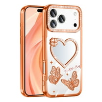 Decase Compatible with iPhone 17 Pro Max Case,Plating Butterfly Bling Glitter Clear Anti-Scratch Protective Phone Case,Slim Bling Glitter Rhinestones Flexible TPU Plating Case with Mini Mirror,Orange