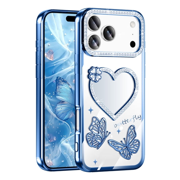Decase Compatible with iPhone 17 Pro Max Case,Plating Butterfly Bling Glitter Clear Anti-Scratch Protective Phone Case,Slim Bling Glitter Rhinestones Flexible TPU Plating Case with Mini Mirror,Blue