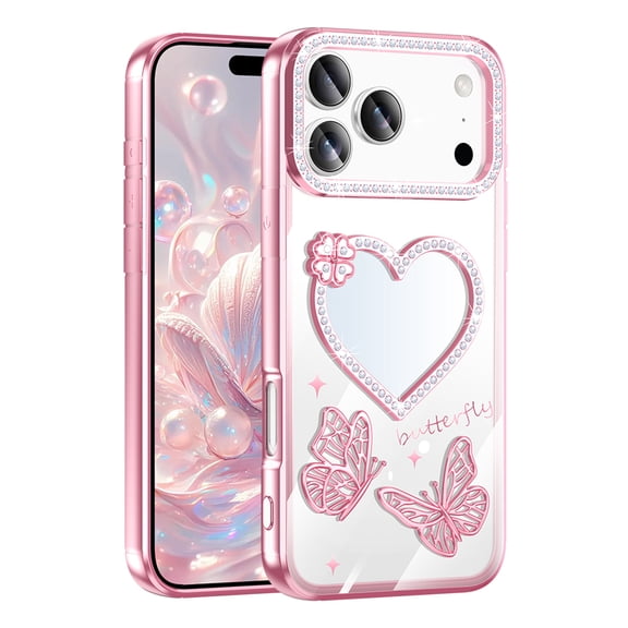 Decase Compatible with iPhone 17 Pro Max Case,Plating Butterfly Bling Glitter Clear Anti-Scratch Protective Phone Case,Slim Bling Glitter Rhinestones Flexible TPU Plating Case with Mini Mirror,Pink