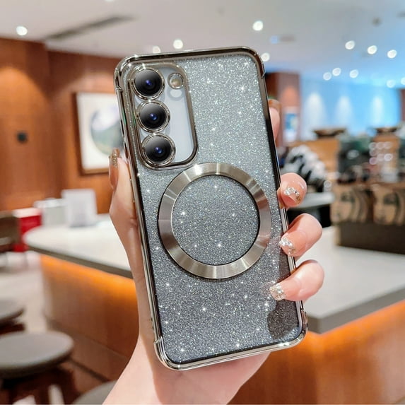 Decase Cover For Samsung Galaxy S22,Mag Safe Bling Case,Luxury Plating Cute Glitter Anti-Scratch Shockproof Cover,with Full Camera Protection Magnetic,Case for Women Girls,silver