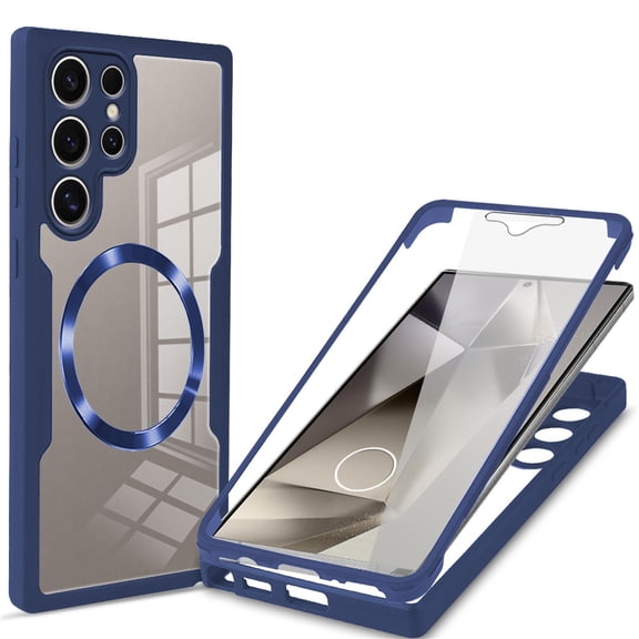 Decase Cover For Samsung Galaxy S25 Ultra Full Body Magnetic Case,Slim Shockproof with Built-in Screen Protector Magnetic Mag-safe Dual-layer Protector Acrylic Back Cover Case ,Blue