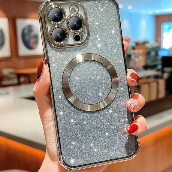Decase Cover For iPhone 14 Pro,Mag Safe Bling Case,Luxury Plating Cute Glitter Anti-Scratch Shockproof Cover,with Full Camera Protection Magnetic,Case for Women Girls,silver