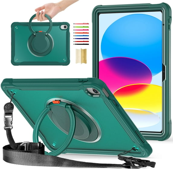 Decase Crossbody Case for iPad 10th Gen 10.9 inch 2022,Shockproof Heavy Duty Rugged Protective Built-in 360°Rotation Stand Handle with Adjustable Shoulder Strap,Dual-Layer Protection Case,Darkgreen