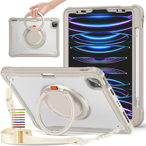 Decase Crossbody Case for iPad Pro 11 inch 2022/2021/Air5/4,Shockproof Heavy Duty Rugged Protective Built-in 360°Rotation Stand Handle with Adjustable Shoulder Strap,Dual-Layer Protection Case,Khaki