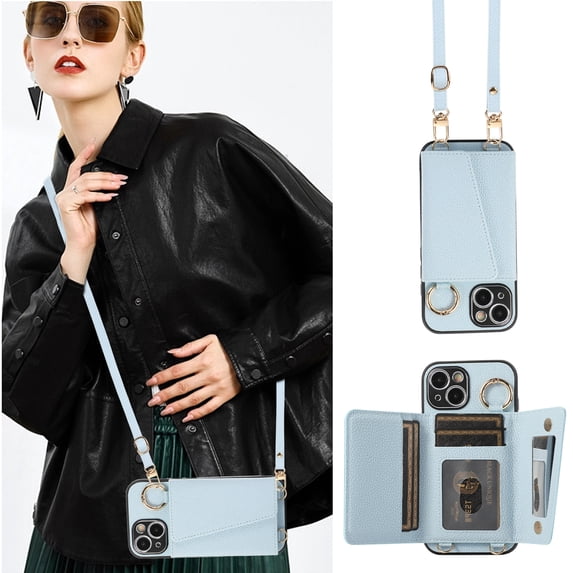 Decase Crossbody Phone Case and Wallet - for Apple iPhone 13 Pro Max,PU Leather Card Slots Holder Case Cover Built-in Makeup Mirror & Camera Lens Protector & Shoulder Strap - Blue