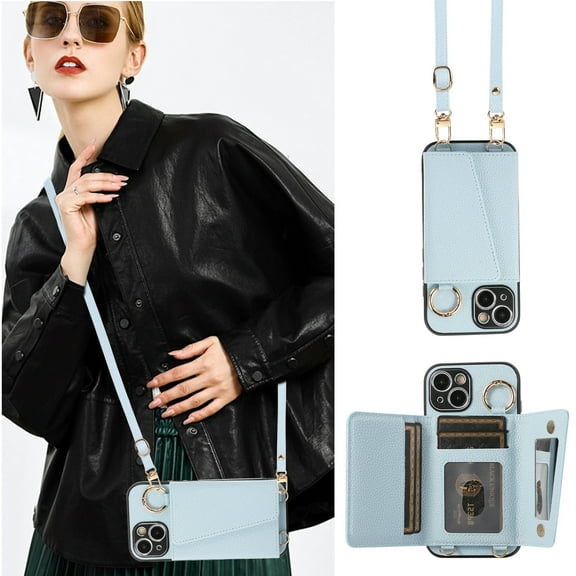 Decase Crossbody Phone Case and Wallet - for Apple iPhone 14 Pro Max,PU Leather Card Slots Holder Case Cover Built-in Makeup Mirror & Camera Lens Protector & Shoulder Strap - Blue