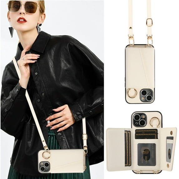 Decase Crossbody Phone Case and Wallet - for Apple iPhone 15,PU Leather Card Slots Holder Case Cover Built-in Makeup Mirror & Camera Lens Protector & Shoulder Strap - White