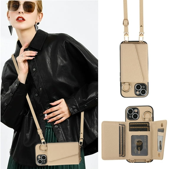 Decase Crossbody Phone Case and Wallet - for Apple iPhone 15,PU Leather Card Slots Holder Case Cover Built-in Makeup Mirror & Camera Lens Protector & Shoulder Strap - Khaki