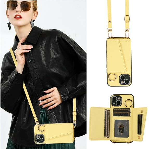 Decase Crossbody Phone Case and Wallet - for Apple iPhone 15,PU Leather Card Slots Holder Case Cover Built-in Makeup Mirror & Camera Lens Protector & Shoulder Strap - Yellow
