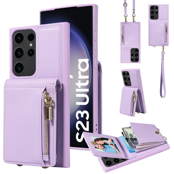 Decase Crossbody Shoulder Zipper Wallet Case for Samsung Galaxy S21 Ultra,Stylish Flip Leather Wallet with Credit Card Holder Strap Lanyard Women Girl Purse Kickstand Cover,Purple