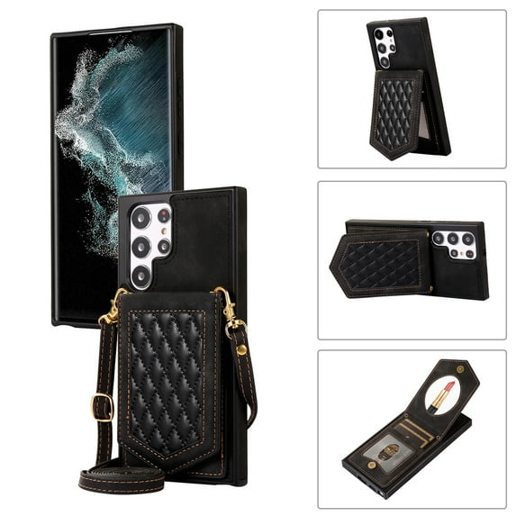 Decase Crossbody Wallet Case Compatible for Samsung Galaxy S23 Ultra, Luxury PU Leather Zipper Purse Flip Cover with Card Holder, Lanyard Strap, Mirror for Women, Shockproof Case, Black