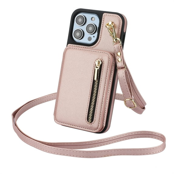 Decase Crossbody Wallet Case with Credit Card Holder Stand for iPhone 12 Pro Max, RFID Blocking Design,with Wrist Strap Rugged Shockproof PU Leather Case Cover, rosegold