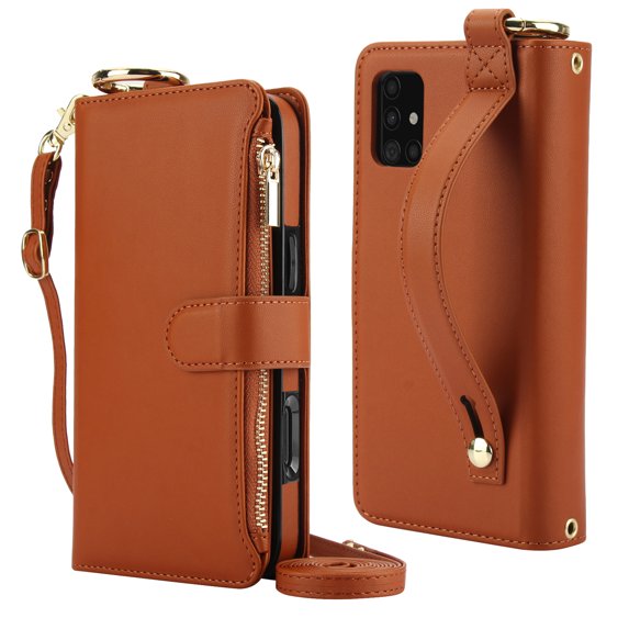 Decase Crossbody Wallet Case for Samsung Galaxy A51 RFID Blocking 6-Card Holder Soft PU Leather Adjustable Shoulder Strap Zipper Pocket Metal Buckle Wristband Phone Case for Galaxy A51 4G,Brown