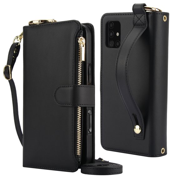 Decase Crossbody Wallet Case for Samsung Galaxy A51 RFID Blocking 6-Card Holder Soft PU Leather Adjustable Shoulder Strap Zipper Pocket Metal Buckle Wristband Phone Case for Galaxy A51 4G,Black