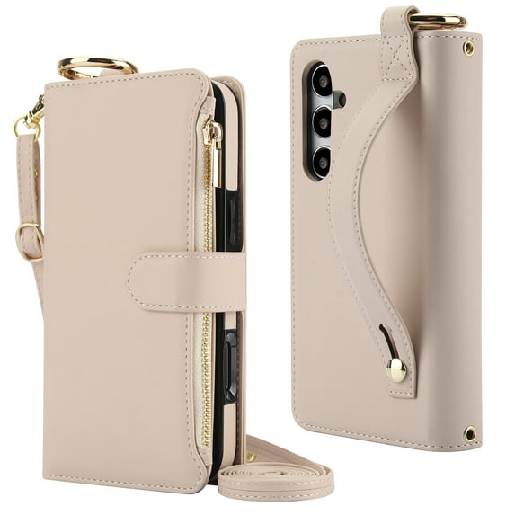 Decase Crossbody Wallet Case for Samsung Galaxy A53 5G RFID Blocking 6-Card Holder Soft PU Leather Adjustable Shoulder Strap Zipper Pocket Metal Buckle Wristband Phone Case,White