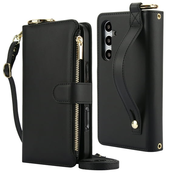 Decase Crossbody Wallet Case for Samsung Galaxy A53 5G RFID Blocking 6-Card Holder Soft PU Leather Adjustable Shoulder Strap Zipper Pocket Metal Buckle Wristband Phone Case,Black