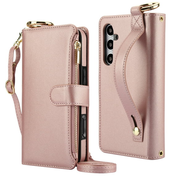 Decase Crossbody Wallet Case for Samsung Galaxy A53 5G RFID Blocking 6-Card Holder Soft PU Leather Adjustable Shoulder Strap Zipper Pocket Metal Buckle Wristband Phone Case,Rosegold