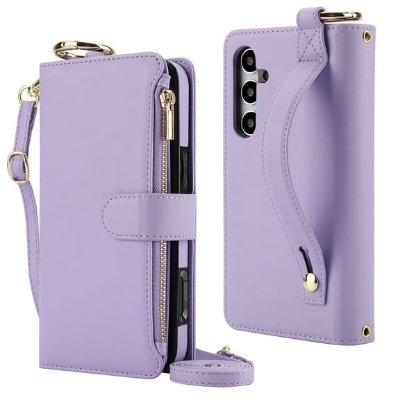 Decase Crossbody Wallet Case for Samsung Galaxy A54 5G RFID Blocking 6-Card Holder Soft PU Leather Adjustable Shoulder Strap Zipper Pocket Metal Buckle Wristband Phone Case,Violet