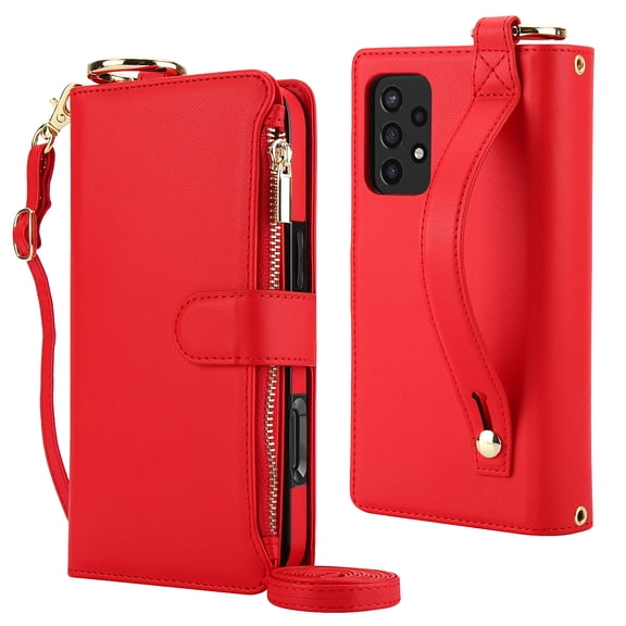 Decase Crossbody Wallet Case for Samsung Galaxy Note20 RFID Blocking 6-Card Holder Soft PU Leather Adjustable Shoulder Strap Zipper Pocket Metal Buckle Wristband Phone Case for Galaxy Note 20,Red