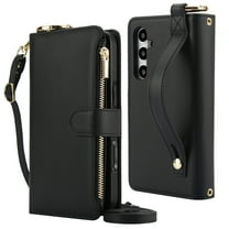 Decase Crossbody Wallet Case for Samsung Galaxy S21 FE RFID Blocking 6-Card Holder Soft PU Leather Adjustable Shoulder Strap Zipper Pocket Metal Buckle Wristband Phone Case for S21 FE 5G,Black