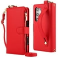 thumbnail image 1 of Decase Crossbody Wallet Case for Samsung Galaxy S21 Ultra 5G RFID Blocking 6-Card Holder Soft PU Leather Adjustable Shoulder Strap Zipper Pocket Metal Buckle Wristband Phone Case,Red, 1 of 7