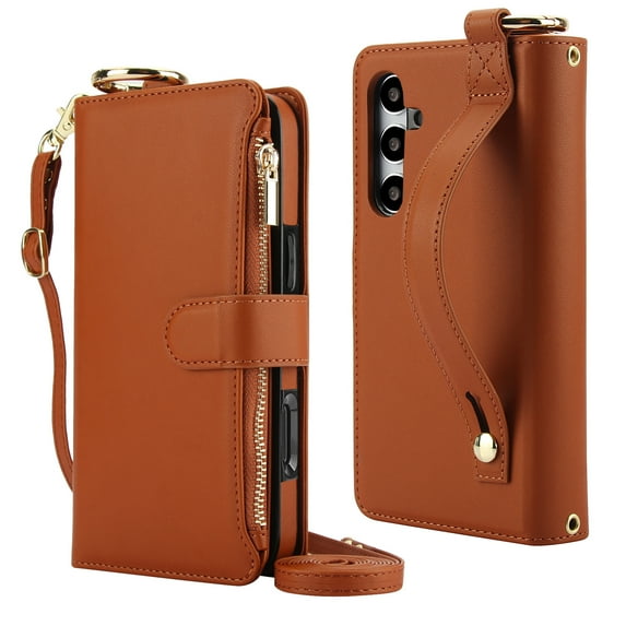 Decase Crossbody Wallet Case for Samsung Galaxy S22 + / S22 Plus RFID Blocking 6-Card Holder Soft PU Leather Adjustable Shoulder Strap Zipper Pocket Metal Buckle Wristband Phone Case,Brown