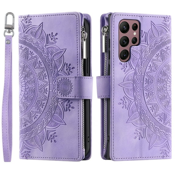 Decase Crossbody Wallet Case for Samsung Galaxy S22 Ultra Case with Card Holder Cover Detachable Adjustable Lanyard Strap Magnetic Clasp Kickstand 6.8 inch,Purple