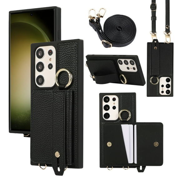 Decase Crossbody Wallet Case for Samsung Galaxy S22 Ultra with Strap, Ring Kickstand & Card Slot, Lychee Pattern PU Leather Purse Case for Samsung Galaxy S22 Ultra 6.8 inch, Black