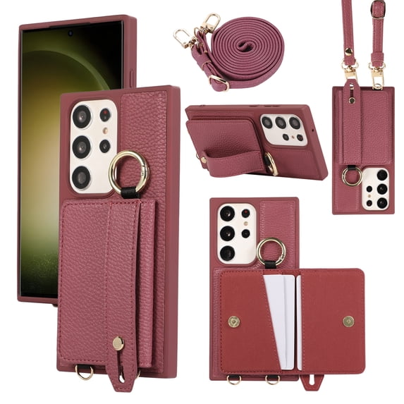 Decase Crossbody Wallet Case for Samsung Galaxy S22 Ultra with Strap, Ring Kickstand & Card Slot, Lychee Pattern PU Leather Purse Case for Samsung Galaxy S22 Ultra 6.8 inch, Winered