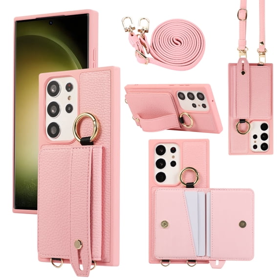 Decase Crossbody Wallet Case for Samsung Galaxy S22 Ultra with Strap, Ring Kickstand & Card Slot, Lychee Pattern PU Leather Purse Case for Samsung Galaxy S22 Ultra 6.8 inch, Pink