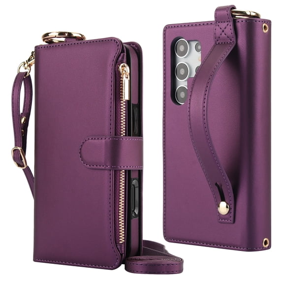 Decase Crossbody Wallet Case for Samsung Galaxy S23 Ultra 5G RFID Blocking 6-Card Holder Soft PU Leather Adjustable Shoulder Strap Zipper Pocket Metal Buckle Wristband Phone Case,Deep Purple