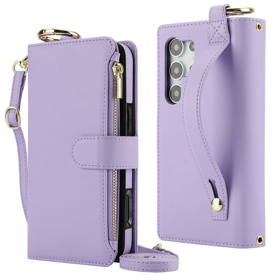 Decase Crossbody Wallet Case for Samsung Galaxy S23 Ultra 5G RFID Blocking 6-Card Holder Soft PU Leather Adjustable Shoulder Strap Zipper Pocket Metal Buckle Wristband Phone Case,Violet