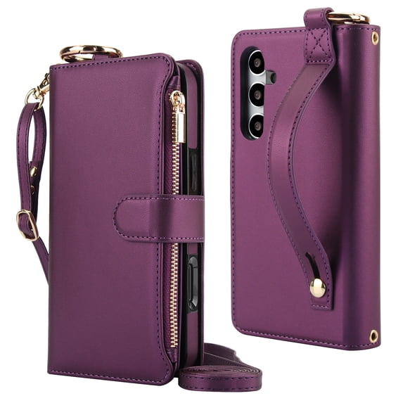 Decase Crossbody Wallet Case for Samsung Galaxy S24 5G RFID Blocking 6-Card Holder Soft PU Leather Adjustable Shoulder Strap Zipper Pocket Metal Buckle Wristband Phone Case for Galaxy S24,Deep Purple