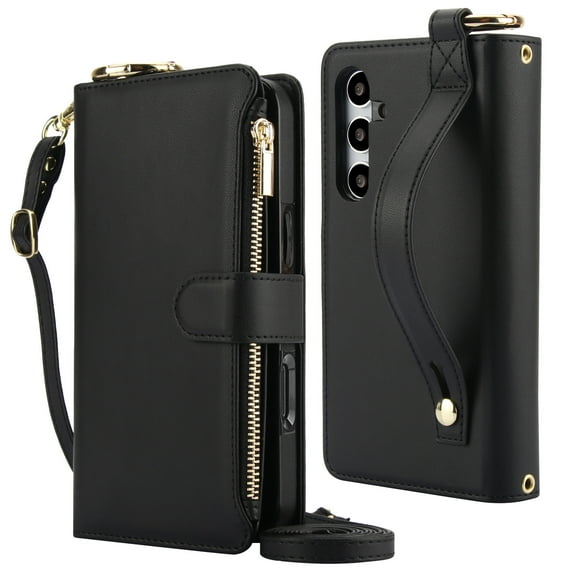 Decase Crossbody Wallet Case for Samsung Galaxy S24 5G RFID Blocking 6-Card Holder Soft PU Leather Adjustable Shoulder Strap Zipper Pocket Metal Buckle Wristband Phone Case for Galaxy S24,Black