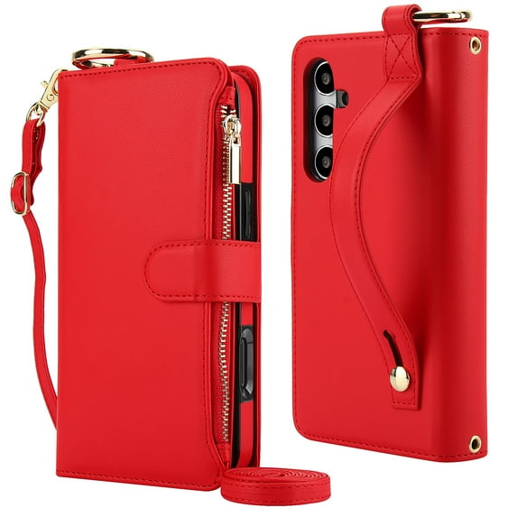 Decase Crossbody Wallet Case for Samsung Galaxy S24+ / S24 Plus RFID Blocking 6-Card Holder Soft PU Leather Adjustable Shoulder Strap Zipper Pocket Metal Buckle Wristband Phone Case,Red