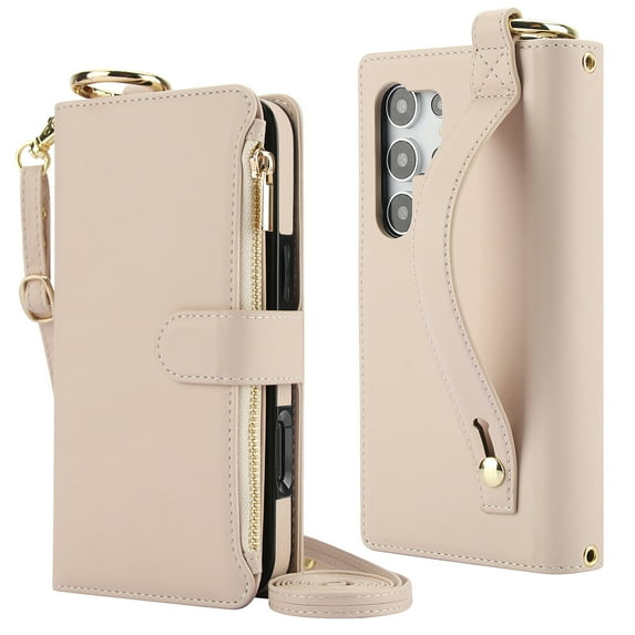 Decase Crossbody Wallet Case for Samsung Galaxy S24 Ultra 5G RFID Blocking 6-Card Holder Soft PU Leather Adjustable Shoulder Strap Zipper Pocket Metal Buckle Wristband Phone Case,White