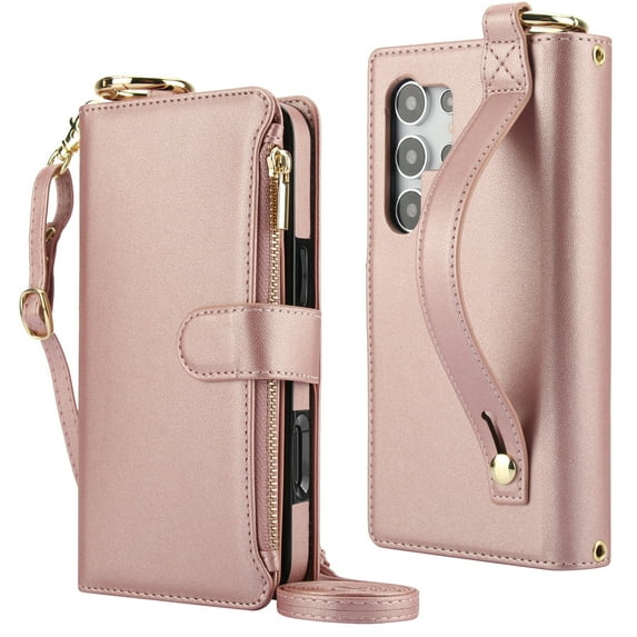 Decase Crossbody Wallet Case for Samsung Galaxy S24 Ultra 5G RFID Blocking 6-Card Holder Soft PU Leather Adjustable Shoulder Strap Zipper Pocket Metal Buckle Wristband Phone Case,Rosegold
