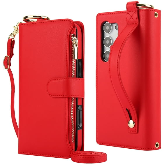 Decase Crossbody Wallet Case for Samsung Galaxy S24 Ultra 5G RFID Blocking 6-Card Holder Soft PU Leather Adjustable Shoulder Strap Zipper Pocket Metal Buckle Wristband Phone Case,Red