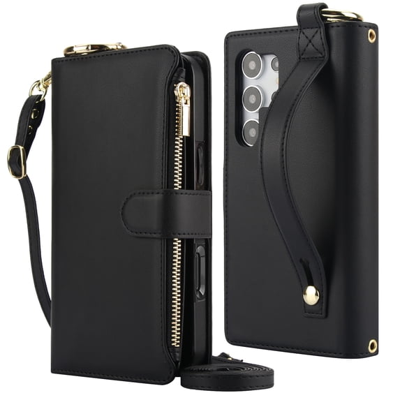 Decase Crossbody Wallet Case for Samsung Galaxy S24 Ultra 5G RFID Blocking 6-Card Holder Soft PU Leather Adjustable Shoulder Strap Zipper Pocket Metal Buckle Wristband Phone Case,Black