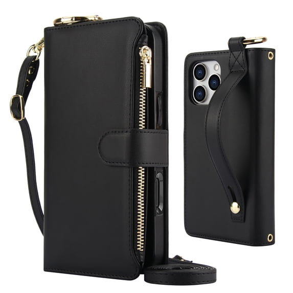 Decase Crossbody Wallet Case for iPhone 11 Pro Max RFID Blocking 6-Card Holder Soft PU Leather Adjustable Shoulder Strap Zipper Pocket Metal Buckle Wristband Phone Case for iPhone 11 Pro Max,Black