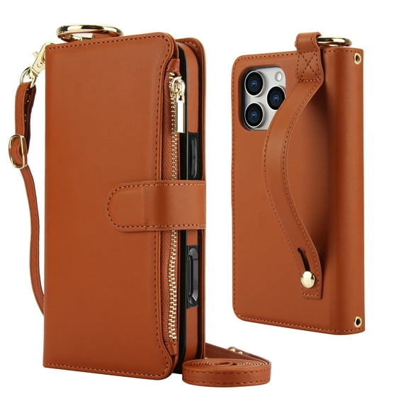 Decase Crossbody Wallet Case for iPhone 12 Pro Max RFID Blocking 6-Card Holder Soft PU Leather Adjustable Shoulder Strap Zipper Pocket Metal Buckle Wristband Phone Case for iPhone 12 Pro Max,Brown