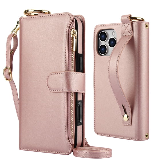 Decase Crossbody Wallet Case for iPhone 12 Pro, iPhone 12 Case RFID Blocking 6-Card Holder Soft PU Leather Adjustable Shoulder Strap Zipper Pocket Metal Buckle Wristband Phone Case 6.1",Rosegold