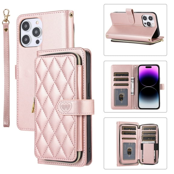 Decase Crossbody Wallet Case for iPhone 13 Pro Max, Shockproof Card Holder Stand Shoulder Strap Magnetic Clasp Wristband Multifunction Full Body Protection Phone Case Cover, rosegold