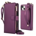 thumbnail image 1 of Decase Crossbody Wallet Case for iPhone 13 RFID Blocking 6-Card Holder Soft PU Leather Adjustable Shoulder Strap Zipper Pocket Metal Buckle Wristband Phone Case for iPhone 13,Deep Purple, 1 of 7