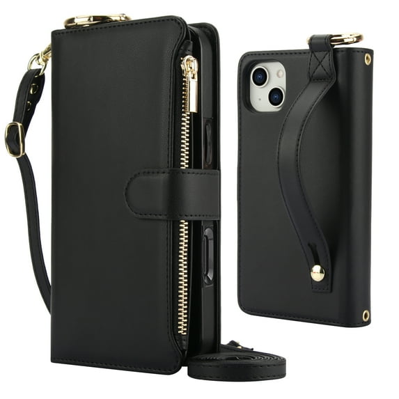 Decase Crossbody Wallet Case for iPhone 13 RFID Blocking 6-Card Holder Soft PU Leather Adjustable Shoulder Strap Zipper Pocket Metal Buckle Wristband Phone Case for iPhone 13,Black