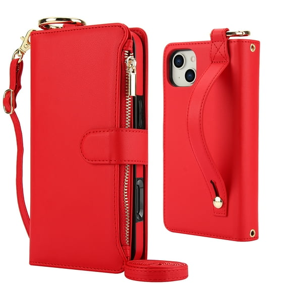 Decase Crossbody Wallet Case for iPhone 13 RFID Blocking 6-Card Holder Soft PU Leather Adjustable Shoulder Strap Zipper Pocket Metal Buckle Wristband Phone Case for iPhone 13,Red