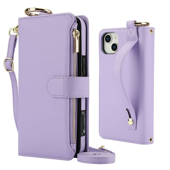 Decase Crossbody Wallet Case for iPhone 14 RFID Blocking 6-Card Holder Soft PU Leather Adjustable Shoulder Strap Zipper Pocket Metal Buckle Wristband Phone Case for iPhone 14,Violet