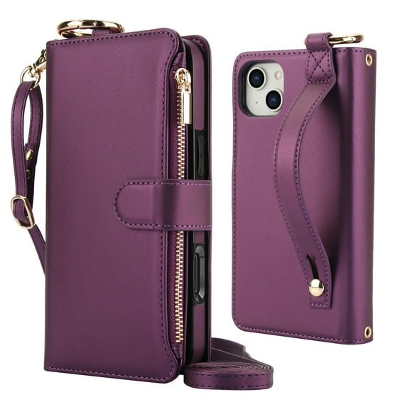 Decase Crossbody Wallet Case for iPhone 14 RFID Blocking 6-Card Holder Soft PU Leather Adjustable Shoulder Strap Zipper Pocket Metal Buckle Wristband Phone Case for iPhone 14,Deep Purple